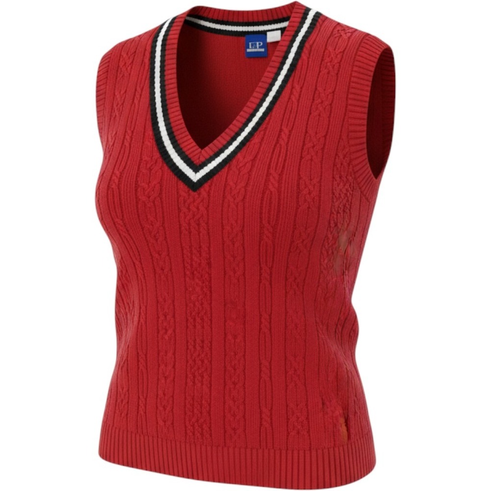 Y2K EP Pro Red Cable Knit Sweater Vest V-Neck Contrast Trim Cotton Preppy Large